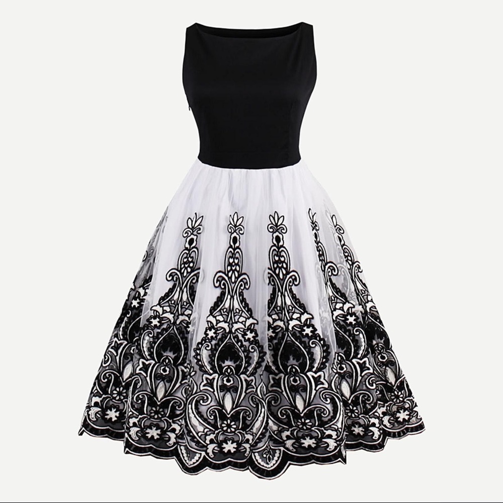 VINTAGE Style Black Damask Embroidered Dress
